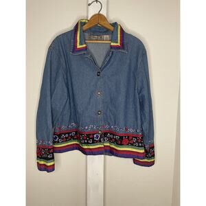 Vintage Tantrums Denim Jacket Floral Striped Embroidered Size L Womens 80s Shirt